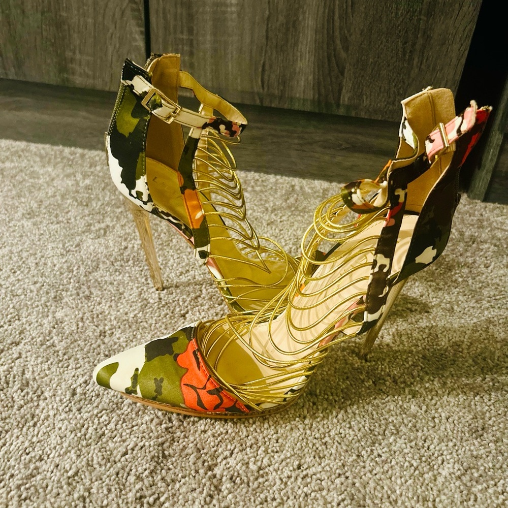 Liliana Multicolor Camouflage Heels with Gold Straps
